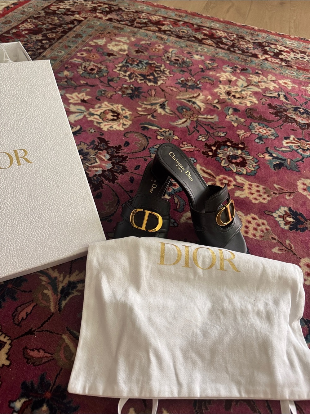Dior Black Leather Mules with Gold CD Emblem - Picture 4 of 12